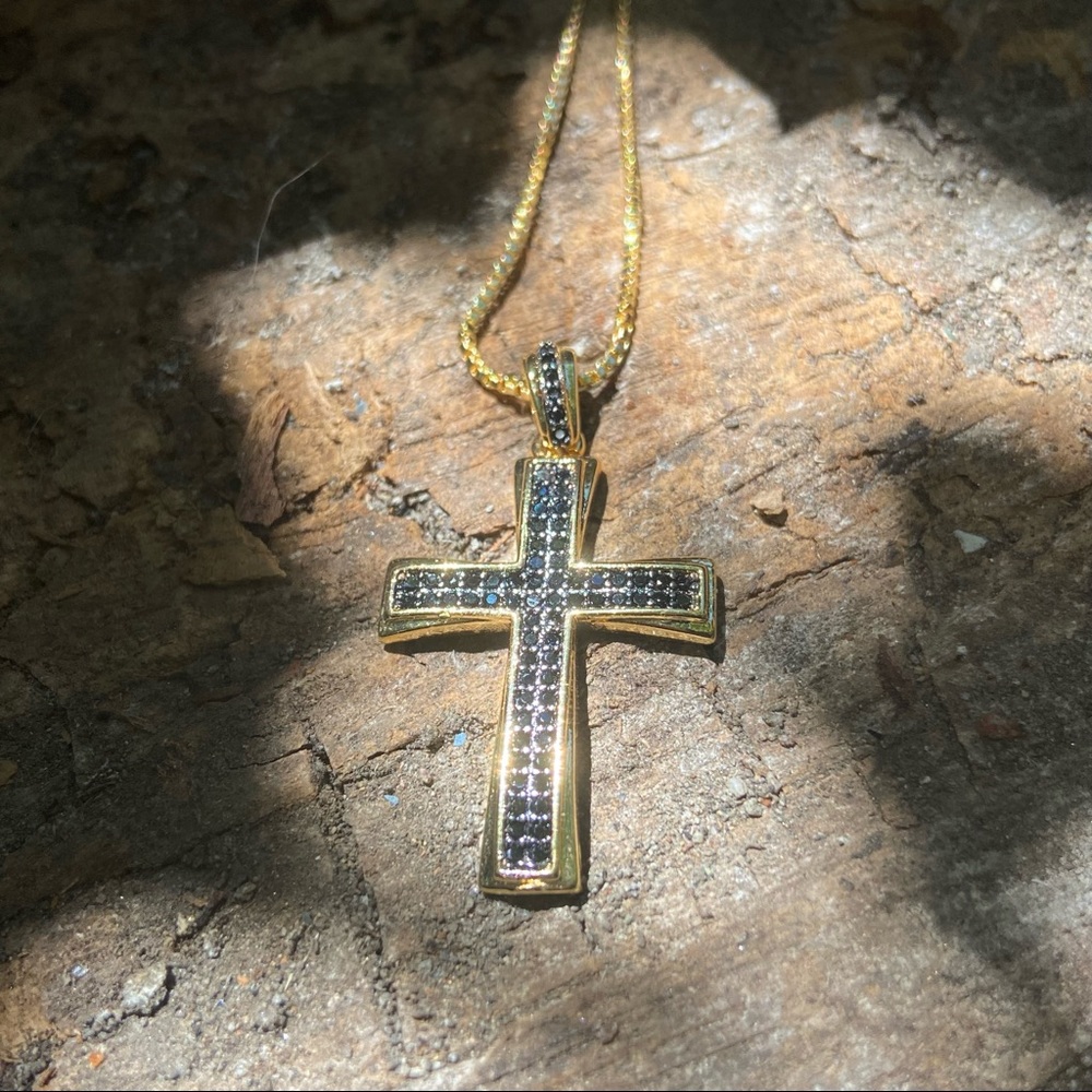 Black Rhinestone Gold Cross Necklace